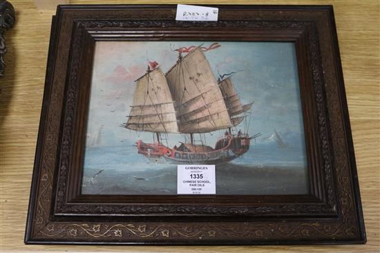 Chinese School, pair of oils on board, Junks at sea, 18.5 x 24cm